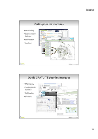 06/12/10	
  




                   OuAls	
  pour	
  les	
  marques	
  

•  Monitoring	
  
•  Social	
  Media	
  
   Release	
  
•  PublicaAon	
  
•  Analyse	
  




                                                         MediasSociaux.com	
  




      OuAls	
  GRATUITS	
  pour	
  les	
  marques	
  

•  Monitoring	
  
•  Social	
  Media	
  
   Release	
  
•  PublicaAon	
  
•  Analyse	
  




                                                         MediasSociaux.com	
  




                                                                                         11	
  
 