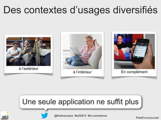 Des contextes d’usages diversifiés




   à l’extérieur
                              à l’intérieur            En complément




     Une seule application ne suffit plus
                   @fredcavazza #wil2012 #m-commerce
                                                              FredCavazza.net
 