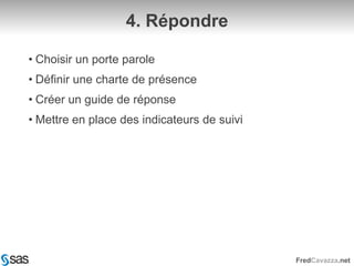 4. RépondreChoisir un porte paroleDéfinir une charte de présenceCréer un guide de réponseMettre en place des indicateurs de suivi
