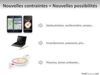 Nouvelles contraintes = Nouvelles possibilitésGéolocalisation, accéléromètre, compas...Encombrement, autonomie, prix...Présence, alertes ambiantes...