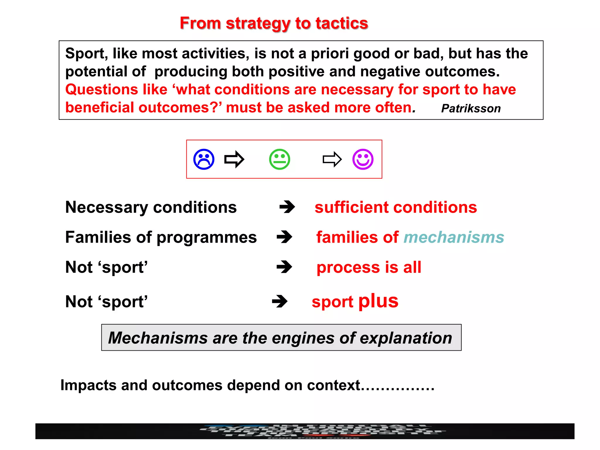 From strategy to tactics
Sport, like most activities, is not a priori good or bad, but has the
potential of producing both positive and negative outcomes.
Questions like ‘what conditions are necessary for sport to have
beneficial outcomes?’ must be asked more often.         Patriksson



                                   
Necessary conditions                sufficient conditions
Families of programmes              families of mechanisms
Not ‘sport’                         process is all

Not ‘sport’                        sport plus

      Mechanisms are the engines of explanation

Impacts and outcomes depend on context……………
 