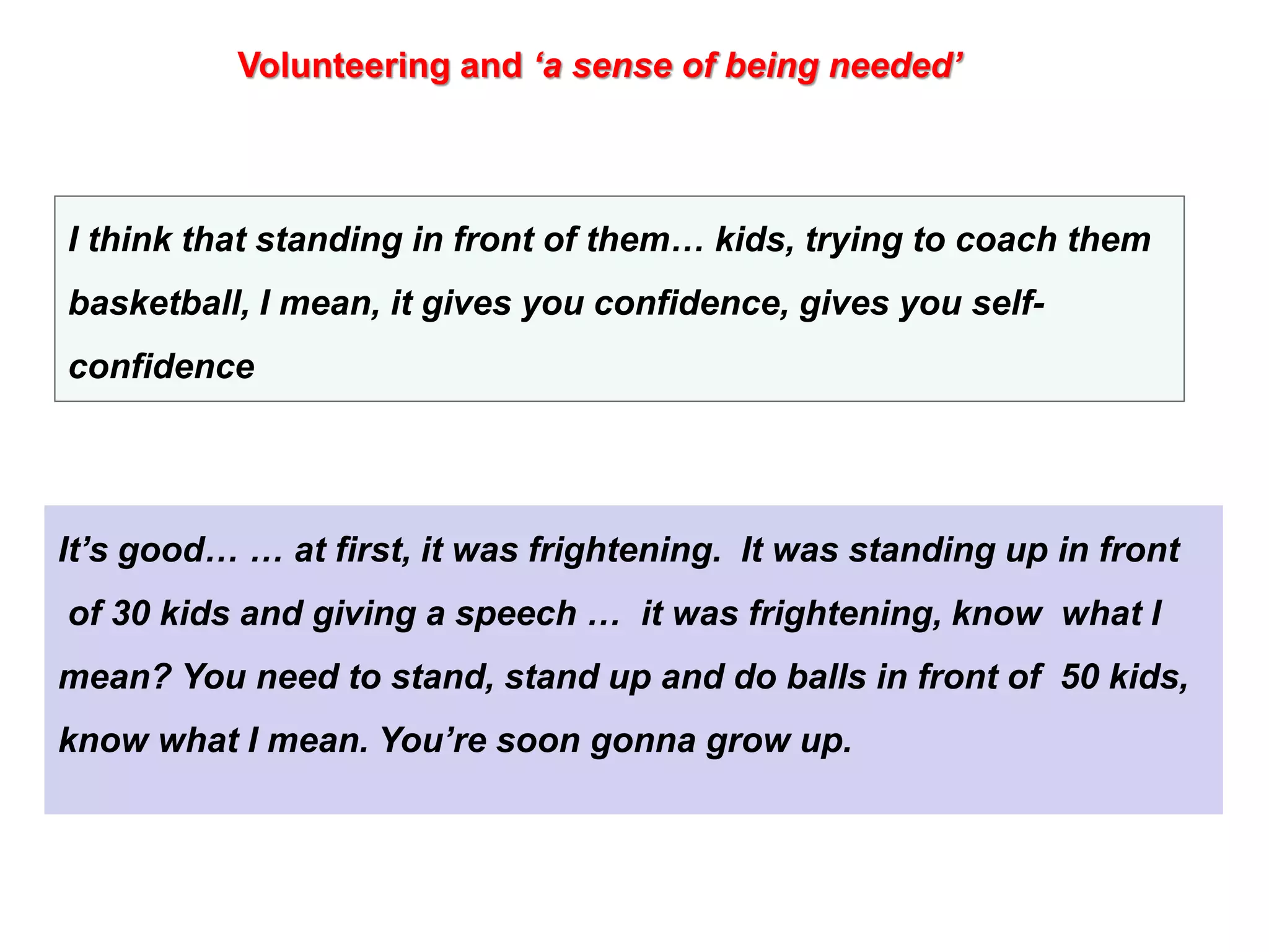 Volunteering and ‘a sense of being needed’



I think that standing in front of them… kids, trying to coach them
basketball, I mean, it gives you confidence, gives you self-
confidence




It’s good… … at first, it was frightening. It was standing up in front
of 30 kids and giving a speech … it was frightening, know what I
mean? You need to stand, stand up and do balls in front of 50 kids,
know what I mean. You’re soon gonna grow up.
 