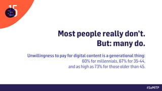 #SoMITP
Most people really don’t.  
But: many do.
Unwillingness to pay for digital content is a generational thing:  
60% ...