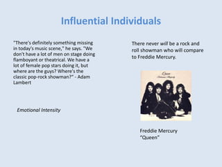Influential Individuals
"There's definitely something missing
in today's music scene," he says. "We
don't have a lot of men on stage doing
flamboyant or theatrical. We have a
lot of female pop stars doing it, but
where are the guys? Where's the
classic pop-rock showman?“ - Adam
Lambert
Freddie Mercury
“Queen”
There never will be a rock and
roll showman who will compare
to Freddie Mercury.
Emotional Intensity
 