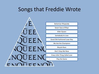 Songs that Freddie Wrote
Bohemian Rhapsody
Seven Seas of Rhye
Killer Queen
Somebody to Love
Good Old-Fashioned Lover Boy
We Are the Champions
Bicycle Race
Don't Stop Me Now
Crazy Little Thing Called Love
Play the Game
 