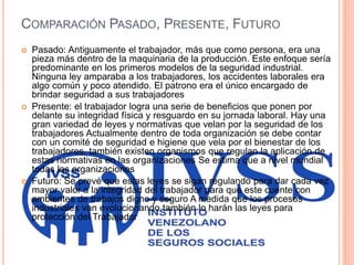COMPARACIÓN PASADO, PRESENTE, FUTURO
 Pasado: Antiguamente el trabajador, más que como persona, era una
pieza más dentro de la maquinaria de la producción. Este enfoque sería
predominante en los primeros modelos de la seguridad industrial.
Ninguna ley amparaba a los trabajadores, los accidentes laborales era
algo común y poco atendido. El patrono era el único encargado de
brindar seguridad a sus trabajadores
 Presente: el trabajador logra una serie de beneficios que ponen por
delante su integridad física y resguardo en su jornada laboral. Hay una
gran variedad de leyes y normativas que velan por la seguridad de los
trabajadores Actualmente dentro de toda organización se debe contar
con un comité de seguridad e higiene que vela por el bienestar de los
trabajadores, también existen organismos que regulan la aplicación de
estas normativas en las organizaciones Se estima que a nivel mundial
todas las organizaciones
 Futuro: Se prevé que estas leyes se sigan regulando para dar cada vez
mayor valor a la integridad del trabajador para que este cuente con
ambientes de trabajos digno y seguro A medida que los procesos
industriales van evolucionando también lo harán las leyes para
protección del Trabajador
 