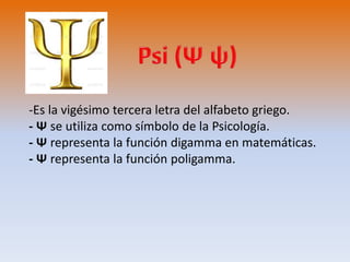 -Es la vigésimo tercera letra del alfabeto griego. 
- Ψ se utiliza como símbolo de la Psicología. 
- Ψ representa la función digamma en matemáticas. 
- Ψ representa la función poligamma. 
 