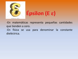 -En matemáticas representa pequeñas cantidades 
que tienden a cero. 
-En física se usa para denominar la constante 
dieléctrica. 
 