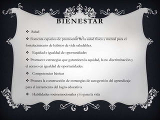 BIENESTAR
 Salud
 Fomenta espacios de promoción de la salud física y mental para el
fortalecimiento de hábitos de vida saludables.
 Equidad e igualdad de oportunidades
 Promueve estrategias que garanticen la equidad, la no discriminación y
el acceso en igualdad de oportunidades.
 Competencias básicas
 Procura la construcción de estrategias de autogestión del aprendizaje
para el incremento del logro educativo.
 Habilidades socioemocionales y/o para la vida
 