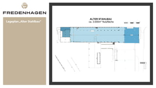 Lageplan„Alter Stahlbau“
STAHLSCHRANK
B: 380cm/T: 74cm/H: 136,5cm
PODEST
H: 10,5cm
BORDSTEIN/PFÖRTNERHAUS
ROLL
TOR
B:
280cm
H:
450,5
cm
ABSAUGANLAGE
KOMRESSOREN
TRAFO
STATION
0 5 10 15 20 25 Meter1 2 3 4
8966cm 2437cm
2426cm
ALTER STAHLBAU
ca. 3.000m² Nutzfläche
 