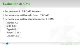 12 
8 ans de Drupal − Frédéric Bisson 
Évaluation de CMS 
Recensement : 95 CMS trouvés 
Réponse aux critères de base : 13 CMS 
Réponse aux critères fonctionnels : 5 CMS 
Mambo 4.6 
SPIP 1.8.3 
Typo3 4.0 
Xoops 2.0.13.2 
Drupal 4.6.6 
 