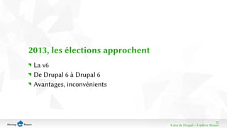 32 
8 ans de Drupal − Frédéric Bisson 
2013, les élections approchent 
La v6 
De Drupal 6 à Drupal 6 
Avantages, inconvénients 
 