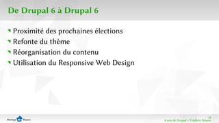 34 
8 ans de Drupal − Frédéric Bisson 
De Drupal 6 à Drupal 6 
Proximité des prochaines élections 
Refonte du thème 
Réorganisation du contenu 
Utilisation du Responsive Web Design 
 