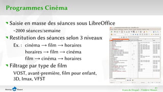 43 
8 ans de Drupal − Frédéric Bisson 
Programmes Cinéma 
Saisie en masse des séances sous LibreOffice 
~2000 séances/semaine 
Restitution des séances selon 3 niveaux 
Ex. : cinéma → film → horaires 
horaires → film → cinéma 
film → cinéma → horaires 
Filtrage par type de film 
VOST, avant-première, film pour enfant, 
3D, Imax, VFST 
 