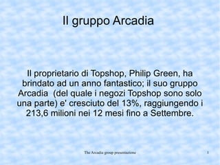 Il gruppo Arcadia



  Il proprietario di Topshop, Philip Green, ha
 brindato ad un anno fantastico; il suo gruppo
Arcadia (del quale i negozi Topshop sono solo
una parte) e' cresciuto del 13%, raggiungendo i
  213,6 milioni nei 12 mesi fino a Settembre.



                The Arcadia group presentazione   1
 