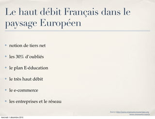 Le haut débit Français dans le
    paysage Européen

    ✤   notion de tiers net

    ✤   les 30% d’oubliés

    ✤   le plan E-éducation

    ✤   le très haut débit

    ✤   le e-commerce

    ✤   les entreprises et le réseau

                                       Source http://www.renaissancenumerique.org
                                                            frederic.delamare@ac-rouen.fr

mercredi 1 décembre 2010
 