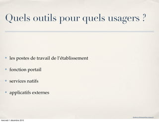 Quels outils pour quels usagers ?


    ✤   les postes de travail de l’établissement

    ✤   fonction portail

    ✤   services natifs

    ✤   applicatifs externes




                                                   frederic.delamare@ac-rouen.fr

mercredi 1 décembre 2010
 