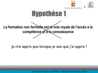 &



                    Hypothèse 1
La formation non formelle est la voie royale de l’accès à la
            compétence et à la connaissance


       Je n’ai appris que lorsque je sais que j’ai appris !




   7                 Les 10èmes rencontres du FFFOD – Marseille 19/21 novembre 2012
 