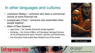 Derivation & Definition
• The word ‘entrepreneur’ is a French verb entreprendre,
meaning ‘to take in between’, or ‘to undertake’ (someone
who undertakes)
• Today it means a social or business innovator
– who recognises and seizes opportunities;
– converts those opportunities into workable/marketable ideas;
– adds value through time, effort, money or skills;
– assumes the risks of the competitive marketplace to implement these ideas; and
– realises the rewards from these efforts.
 
