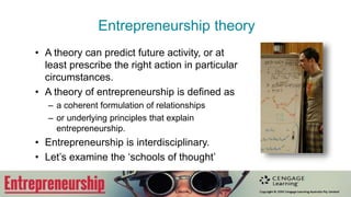 Contemporary definitions
• Essential ingredients:
– Willingness to take calculated risks (time, equity, career)
– Ability to formulate an effective venture team
– Creative skill to marshal resources
– Skill of building a solid business plan
– Vision to recognise opportunity among chaos, contradiction and
confusion
– Entrepreneurs considered heroes of free enterprise and
social venturing.
– Many people now regard entrepreneurship as pioneership
 