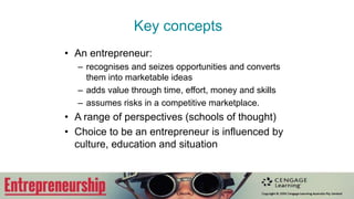 Key concepts
(close your books)
1. Provide a short definition of the
word ‘entrepreneur’.
2. What will influence your
likelihood of becoming an
entrepreneur?
?
 