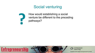 Social venturing
How would establishing a social
venture be different to the preceding
pathways?
?
 