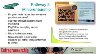 Pathway 3:
Minipreneurship
• Do you create rather than consume
goods or services?
• eBay for product placement and
marketing
• PayPal for accepting secure
payments.
• Niche is the new mass.
• Consumerism is now about
standing out rather than conforming
to trends.
 