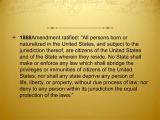  1868Amendment ratified: "All persons born or
  naturalized in the United States, and subject to the
  jurisdiction thereof, are citizens of the United States
  and of the State wherein they reside. No State shall
  make or enforce any law which shall abridge the
  privileges or immunities of citizens of the United
  States; nor shall any state deprive any person of
  life, liberty, or property, without due process of law; nor
  deny to any person within its jurisdiction the equal
  protection of the laws."
 