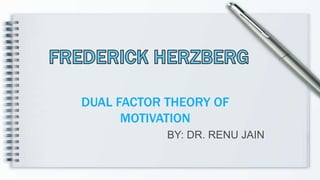 DUAL FACTOR THEORY OF
MOTIVATION
BY: DR. RENU JAIN
 