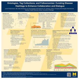 Ontologies, Tag Collections, and Folksonomies: Curating Disease
Hashtags to Enhance Collaboration and Dialogue
References
1. Anderson, PF. Hashtags for Twitter Cancer Communities. https://etechlib.wordpress.com/2013/07/08/hashtags-for-twitter-cancer-communities/. Accessed May 1 2017.
2. Frederickson, L. Biomedical Ontologies and Controlled Vocabularies. http://guides.lib.umich.edu/ontology. Accessed May 1 2017.
3. Gruber, T.R. A Translation Approach to Portable Ontology Specification. Knowledge Acquisition. 1993; 5 (2):199-220. http://tomgruber.org/writing/ontolingua-kaj-1993.pdf. Accessed May 1 2017.
4. Katz MS, Utengen A, Anderson PF, Thompson MA, Attai DJ, Johnston C, Dizon DS. Disease-Specific Hashtags for Online Communication About Cancer Care. JAMA Oncol. 2016 Mar 1;2(3):392-4. doi: 10.1001/jamaoncol.2015.3960.
5. Symplur: Healthcare Hashtags: Ontologies: http://www.symplur.com/healthcare-hashtags/ontology/
Images
• Categorisation-hierarchy-top2down.svg. Plank, A. https://commons.wikimedia.org/wiki/File:Categorisation-hierarchy-top2down.svg
• Chaotic shapes [abstract]. photofree.ga. https://openclipart.org/detail/251370/chaotic-shapes-abstract
Lynne Frederickson, MA, Data Standards and Terminologies Informationist; P.F. Anderson, MILS, Emerging Technologies Informationist
Taubman Health Sciences Library, University of Michigan
Tag Ontologies – The Next Step
The authors propose further refinements to the
tag collection concept to create a more robust tag
ontology.
An ontology is a formal specification of the terms
in a domain, and the relations among them [3].
Ontologies describe data to support knowledge
discovery and facilitate interoperability between
systems.
Ontologies are used in the biomedical and health
sciences in areas ranging from gene function, as
seen in the gene ontology GO, to those used in
healthcare informatics, such as the International
Classification of Diseases, ICD [2].
What is a Folksonomy?
A folksonomy is an unmanaged set of
spontaneously generated hashtags. Online
communities of patients and healthcare professionals
use hashtags to track disease- and condition-specific
conversations.
Tag Collections – Formalized Folksonomies
A tag collection is the result of an effort to enhance and
expand a set of related user-created hashtags through
curation. This hybrid bottom-up/top-down approach has
been evangelized by Dr. Matthew Katz and Patricia
Anderson as part of the Cancer Tag Ontology* (CTO)
project. The CTO has played a key role in the
standardization and adoption of many cancer-specific tags,
including [5]
Applying Ontological Concepts to Disease
Hashtags
Using the CTO as a foundation, and in partnership
with COSMO, the authors will apply some basic
ontological concepts, including defining the structural and
relational elements between the tags. The goals of the project
are to
• Create a tag set that better supports tracking, sorting for
improved discovery, and clustering to enhance analysis
• Identify and fill domain-specific gaps
• Preserve the usability and transparency of the best
folksonomic tags
For example, within the current CTO there are tags for
gynecologic cancer (#GynCSM) and breast cancer (#BRCM) but
no tags for other gynecologic cancers, including cervical,
ovarian, and uterine cancer. The new tag ontology will include a
complete set of tags for gynecologic cancers, with a formal “isa”
relationship to the umbrella tag for gynecologic cancer.
Role of Folksonomies in Disease-
Specific Conversations
Patients use hashtags to
• Discover information about their condition
• Organize personal content
• Connect with other patients for support and
community
Healthcare professionals use hashtags to
• Engage in dialogue with other practitioners
• Advocate for, educate, and learn from patients
Hashtags are also used for
• Marketing and promotion
• Research, but with limited capabilities due to the
fractured and inconsistent nature of user-
generated tags
Tag Collections – Are they Working?
A review of tweets using the 25 CTO tags between
April 2011 and June 2015 revealed that there were
762,103 tweets by 117,064 user accounts. From mid-
2013 the 5 most active tags all had organized live
tweets and accounted for 92% of all activity [4].
Tag Ontologies – Challenges and
Limitations
A more formal tag ontology will only be useful if it is
adopted and broadly used by its intended audience,
patients and healthcare professionals. Barriers to
adoption that need to be addressed:
• Ontologies are inherently complex. The new
ontology must be simple enough to be intuitive.
• Ontologies are prescriptive. The rules of the new
ontology should be meaningful so that end users do
not see them as arbitrary.
Tag Collections – Curatorial Activities
Anyone can propose a hashtag to be archived in the
Healthcare Hashtag Project hosted on Symplur.
Proposed hashtags should
• Add value to healthcare conversations
• Be already in use by multiple people
• Not already be in active use for another purpose
CTO tags are collaboratively curated by Symplur and
COSMO (Collaboration for Outcomes with Social
Media in Oncology). Tags are reviewed according to
additional criteria that are evolving and are moving
toward codification.
#ayacsm
#bcsm
#btsm
#gyncsm
#lcsm
#mmsm
#pancsm
Adolescent and Young Adult Cancer
Breast Cancer
Brain Tumors
Gynecologic Cancers
Lung Cancer
Multiple Myeloma
Pancreatic Cancer
*Although the tag collection is called an ontology,
it is not an ontology in a formal sense.
• Current tags are
already used
broadly. The new
tags should be
sufficiently
similar to tags
already in use to
ease adoption.
#BCSM
#BreastCancer
#BRCA
#BRCAmutation
#BRCA1
#BRCA2
Background
Hashtags arise spontaneously,
creating rich and dynamic
folksonomies for tracking online
conversations. Traditional user-
generated hashtags are effective for
narrowcasting events and supporting
localized conversations, but the lack
of conventions creates confusion and
does not scale well for broader
dialogues on complex themes. We
intend to promote a better
understanding of ontological
concepts to facilitate consensus and
enhance disease-specific online
dialogue.
Folksonomies – the Current Mess
Although folksonomies often have predictable
conventions, there are challenges inherent in
unmanaged and organically evolving systems. Because
there is no formal authority governing tag use and
selection, the problems of duplicate, overloaded,
enigmatic and cumbersome tags can fracture and isolate
conversations. For example, the following duplicate tags
are all used for breast cancer:
#BRCA is also overloaded, in that it is used in
conversations specifically about the BRCA gene
mutation, along with the following redundant or
overlapping tags:
However the crowdsourced nature of folksonomic
tagging does have benefits, including immediacy and
engagement [1].
 