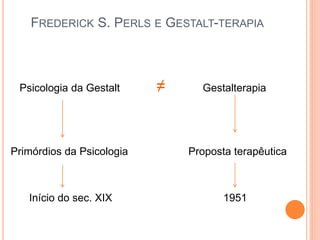 Psicologia da Gestalt ≠ Gestalterapia
Primórdios da Psicologia Proposta terapêutica
Início do sec. XIX 1951
FREDERICK S. PERLS E GESTALT-TERAPIA
 