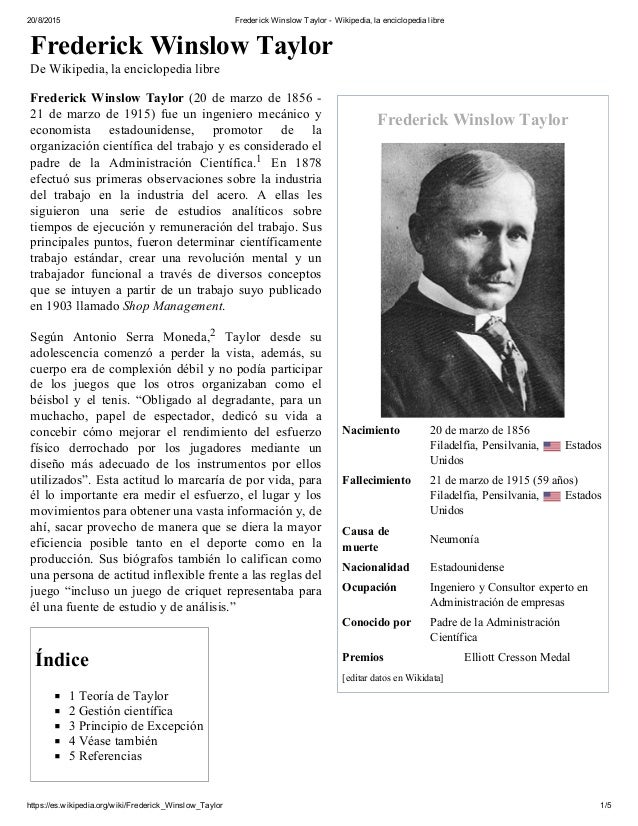 Frederick winslow taylor wikipedia, la enciclopedia libre