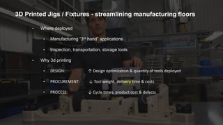 18 STRATASYS / THE 3D PRINTING SOLUTIONS COMPANY
• Where deployed
• Manufacturing “3rd hand” applications
• Inspection, transportation, storage tools
• Why 3d printing
• DESIGN: ↑ Design optimization & quantity of tools deployed
• PROCUREMENT: ↓ Tool weight, delivery time & costs
• PROCESS: ↓ Cycle times, product cost & defects
3D Printed Jigs / Fixtures - streamlining manufacturing floors
 