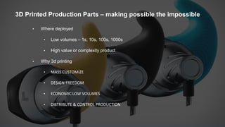 19 STRATASYS / COMPANY OVERVIEW
• Where deployed
• Low volumes – 1s, 10s, 100s, 1000s
• High value or complexity product
• Why 3d printing
• MASS CUSTOMIZE
• DESIGN FREEDOM
• ECONOMIC LOW VOLUMES
• DISTRIBUTE & CONTROL PRODUCTION
3D Printed Production Parts – making possible the impossible
 