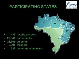 PARTICIPATING STATES •  483   public schools •  29,941   participants  23,365  students 6,091  teachers 682  community members 