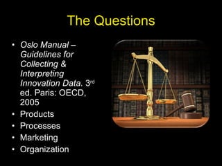 The Questions Oslo Manual – Guidelines for Collecting & Interpreting Innovation Data.  3 rd  ed. Paris: OECD, 2005 Products Processes Marketing Organization 