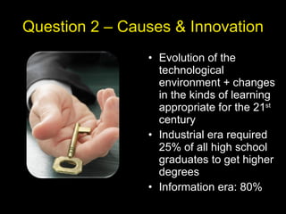 Question 2 – Causes & Innovation Evolution of the technological environment + changes in the kinds of learning appropriate for the 21 st  century Industrial era required 25% of all high school graduates to get higher degrees Information era: 80% 