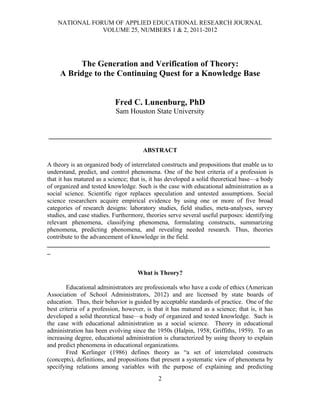 Dr. Fred C. Lunenburg, The Generation and Verification of Theory: A Bridge to the Continuing Quest for a Knowledge Base