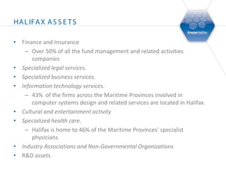 HA L IFA X A S S E T S

• Finance and Insurance
   – Over 50% of all the fund management and related activities
      companies
• Specialized legal services.
• Specialized business services.
• Information technology services.
   – 43% of the firms across the Maritime Provinces involved in
      computer systems design and related services are located in Halifax.
• Cultural and entertainment activity
• Specialized health care.
   – Halifax is home to 46% of the Maritime Provinces' specialist
      physicians
• Industry Associations and Non-Governmental Organizations
• R&D assets
 