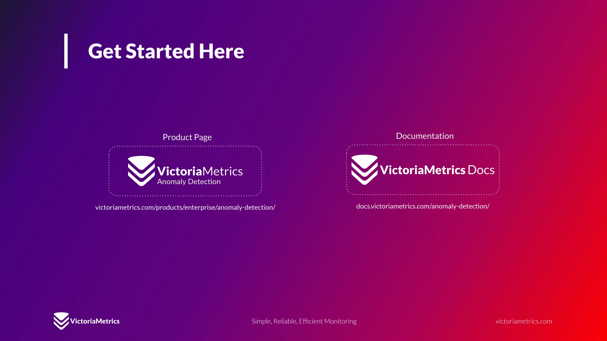 Simple, Reliable, Efﬁcient Monitoring victoriametrics.com
Get Started Here
victoriametrics.com/products/enterprise/anomaly-detection/
Product Page
docs.victoriametrics.com/anomaly-detection/
Documentation
 