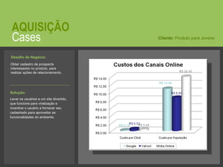 Cases AQUISIÇÃO Obter cadastro de prospects interessados no produto, para realizar ações de relacionamento.  Cliente:  Produto para Jovens Solução:   Levar os usuários a um site divertido, que funcione para viralização e incentive o usuário a fornecer seu cadastrado para aproveitar as funcionalidades do ambiente. Desafio de Negócio:   