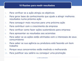 10 Razões para medir resultados Para verificar se a ação atingiu os objetivos Para gerar base de conhecimento que ajude a atingir melhores resultados numa próxima ação Para conseguir mais recursos para uma próxima ação Para contribuir com o crescimento da empresa Para verificar como fazer ações sustentáveis para empresa Para apresentar os resultados aos acionistas Para saber se as ações estão alinhadas com o interesses de seus consumidores Para saber se sua agência ou produtora está fazendo um bom trabalho Porque seus concorrentes estão medindo e melhorando Para justificar seu salário ou conseguir uma promoção 