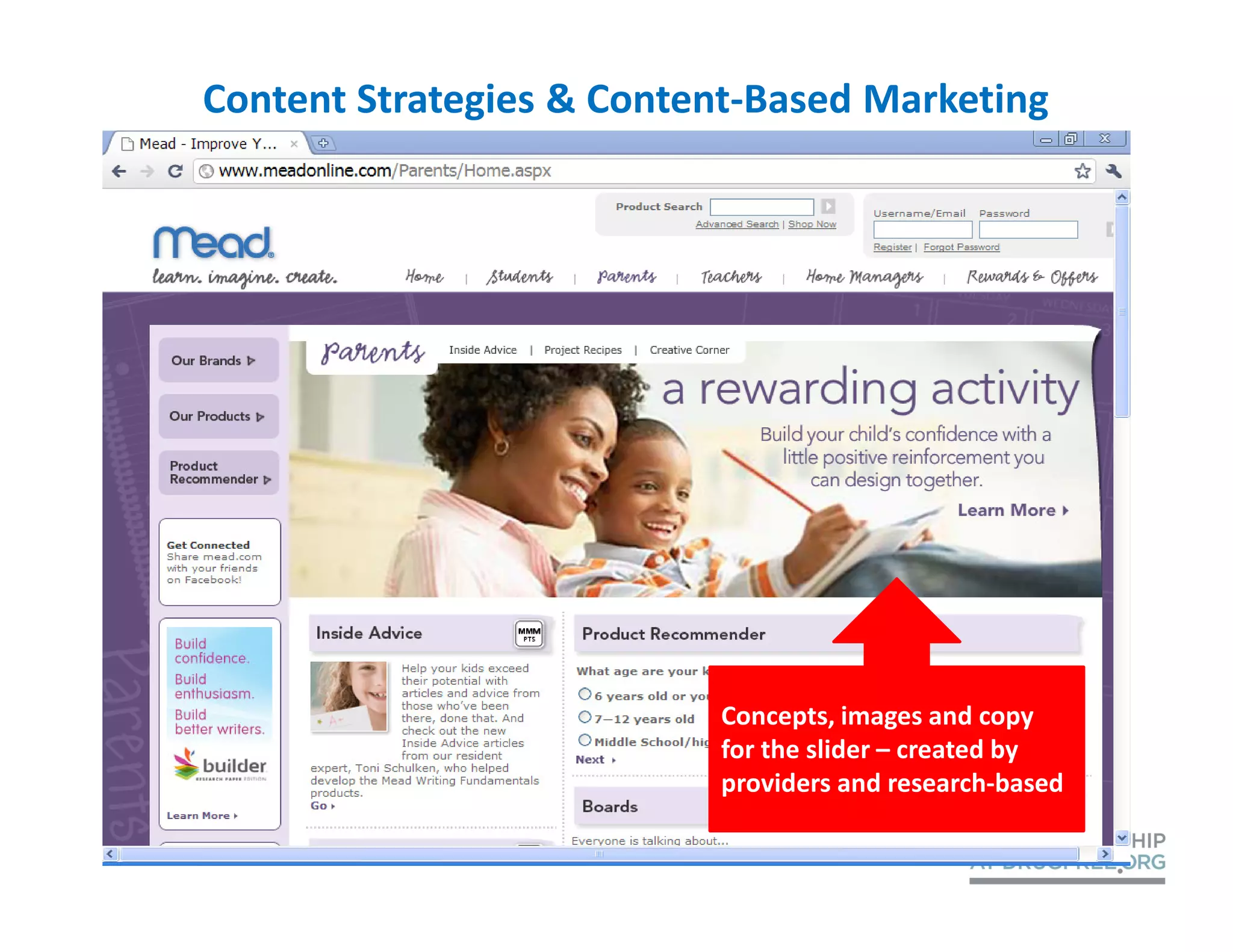 Content Strategies & Content-Based Marketing




                          Concepts, images and copy
                          for the slider – created by
                          providers and research-based
 