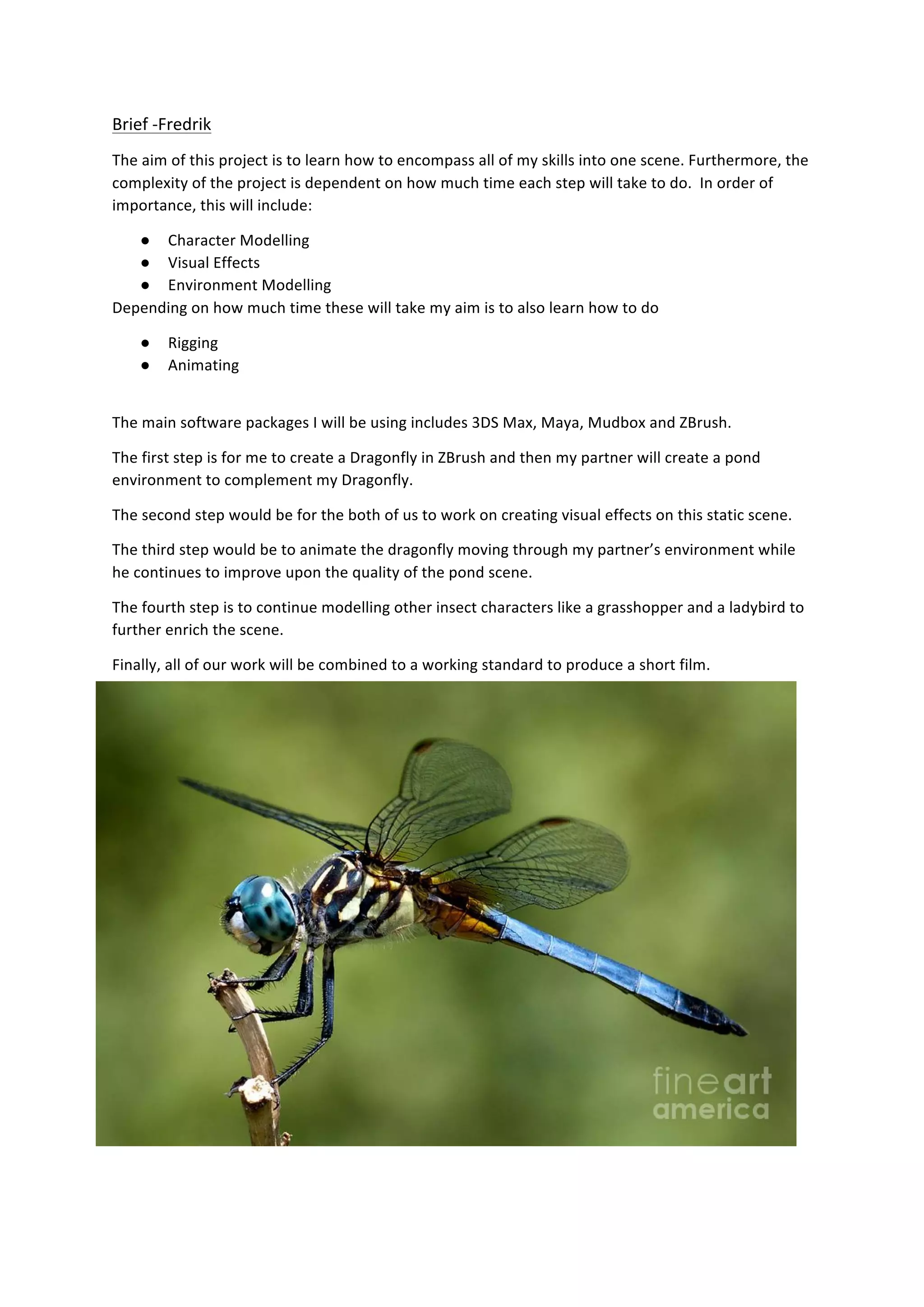  
	
  
Brief	
  -­‐Fredrik	
  
The	
  aim	
  of	
  this	
  project	
  is	
  to	
  learn	
  how	
  to	
  encompass	
  all	
  of	
  my	
  skills	
  into	
  one	
  scene.	
  Furthermore,	
  the	
  
complexity	
  of	
  the	
  project	
  is	
  dependent	
  on	
  how	
  much	
  time	
  each	
  step	
  will	
  take	
  to	
  do.	
  	
  In	
  order	
  of	
  
importance,	
  this	
  will	
  include:	
  
● Character	
  Modelling	
  
● Visual	
  Effects	
  
● Environment	
  Modelling	
  
Depending	
  on	
  how	
  much	
  time	
  these	
  will	
  take	
  my	
  aim	
  is	
  to	
  also	
  learn	
  how	
  to	
  do	
  
● Rigging	
  
● Animating	
  
	
  
The	
  main	
  software	
  packages	
  I	
  will	
  be	
  using	
  includes	
  3DS	
  Max,	
  Maya,	
  Mudbox	
  and	
  ZBrush.	
   	
  
The	
  first	
  step	
  is	
  for	
  me	
  to	
  create	
  a	
  Dragonfly	
  in	
  ZBrush	
  and	
  then	
  my	
  partner	
  will	
  create	
  a	
  pond	
  
environment	
  to	
  complement	
  my	
  Dragonfly.	
  
The	
  second	
  step	
  would	
  be	
  for	
  the	
  both	
  of	
  us	
  to	
  work	
  on	
  creating	
  visual	
  effects	
  on	
  this	
  static	
  scene.	
  
The	
  third	
  step	
  would	
  be	
  to	
  animate	
  the	
  dragonfly	
  moving	
  through	
  my	
  partner’s	
  environment	
  while	
  
he	
  continues	
  to	
  improve	
  upon	
  the	
  quality	
  of	
  the	
  pond	
  scene.	
  
The	
  fourth	
  step	
  is	
  to	
  continue	
  modelling	
  other	
  insect	
  characters	
  like	
  a	
  grasshopper	
  and	
  a	
  ladybird	
  to	
  
further	
  enrich	
  the	
  scene.	
  	
  
Finally,	
  all	
  of	
  our	
  work	
  will	
  be	
  combined	
  to	
  a	
  working	
  standard	
  to	
  produce	
  a	
  short	
  film.	
  
	
  
	
  
	
  
	
  
	
  
	
  
	
  
	
  
	
  
	
  
	
  
	
  
 