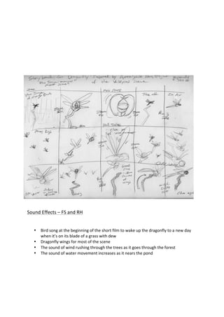  
	
  
	
  
	
  
	
  
	
  
	
  
	
  
	
  
	
  
	
  
	
  
	
  
	
  
	
  
	
  
	
  
	
  
	
  
	
  
	
  
	
  
Sound	
  Effects	
  –	
  FS	
  and	
  RH	
  
	
  
• Bird	
  song	
  at	
  the	
  beginning	
  of	
  the	
  short	
  film	
  to	
  wake	
  up	
  the	
  dragonfly	
  to	
  a	
  new	
  day	
  
when	
  it’s	
  on	
  its	
  blade	
  of	
  a	
  grass	
  with	
  dew	
  
• Dragonfly	
  wings	
  for	
  most	
  of	
  the	
  scene	
  
• The	
  sound	
  of	
  wind	
  rushing	
  through	
  the	
  trees	
  as	
  it	
  goes	
  through	
  the	
  forest	
  
• The	
  sound	
  of	
  water	
  movement	
  increases	
  as	
  it	
  nears	
  the	
  pond	
  
	
  
 