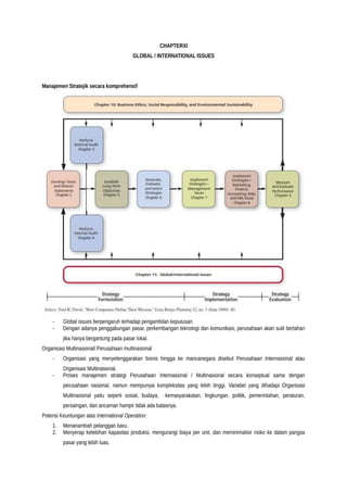 CHAPTERXI
GLOBAL / INTERNATIONAL ISSUES
Manajemen Stratejik secara komprehensif
- Global issues berpengaruh terhadap pengambilan keputusan.
- Dengan adanya penggabungan pasar, perkembangan teknologi dan komunikasi, perusahaan akan sulit bertahan
jika hanya bergantung pada pasar lokal.
Organisasi Multinasional/ Perusahaan multinasional
- Organisasi yang menyelenggarakan bisnis hingga ke mancanegara disebut Perusahaan Internasional atau
Organisasi Multinasional.
- Proses manajemen strategi Perusahaan Internasional / Multinasional secara konseptual sama dengan
perusahaan nasional, namun mempunyai kompleksitas yang lebih tinggi. Variabel yang dihadapi Organisasi
Multinasional yaitu seperti sosial, budaya, kemasyarakatan, lingkungan, politik, pemerintahan, peraturan,
persaingan, dan ancaman hampir tidak ada batasnya.
Potensi Keuntungan atas International Operation:
1. Menanambah pelanggan baru.
2. Menyerap kelebihan kapasitas produksi, mengurangi biaya per unit, dan meminimalisir risiko ke dalam pangsa
pasar yang lebih luas.
 