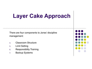 Layer Cake Approach There are four components to Jones’ discipline management: Classroom Structure Limit Setting Responsibility Training Backup Systems 