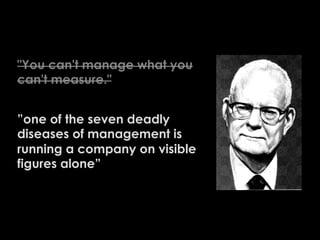 "You can't manage what you
can't measure."
”one of the seven deadly
diseases of management is
running a company on visible
figures alone”

 