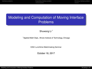 Interface problems Expanding interface problem Shrinking interface problem
Modeling and Computation of Moving Interface
Problems
Shuwang Li 1
1
Applied Math Dept., Illinois Institute of Technology, Chicago
CISC Lunchtime Matchmaking Seminar
October 18, 2017
Modeling and Computation of Moving Interface Problems Shuwang Li, IIT
 