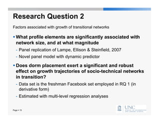Research Question 2
Factors associated with growth of transitional networks

 What profile elements are significantly associated with
  network size, and at what magnitude
   -  Panel replication of Lampe, Ellison & Steinfield, 2007
   -  Novel panel model with dynamic predictor

 Does dorm placement exert a significant and robust
  effect on growth trajectories of socio-technical networks
  in transition?
   -  Data set is the freshman Facebook set employed in RQ 1 (in
      derivative form)
   -  Estimated with multi-level regression analyses


Page  15
 